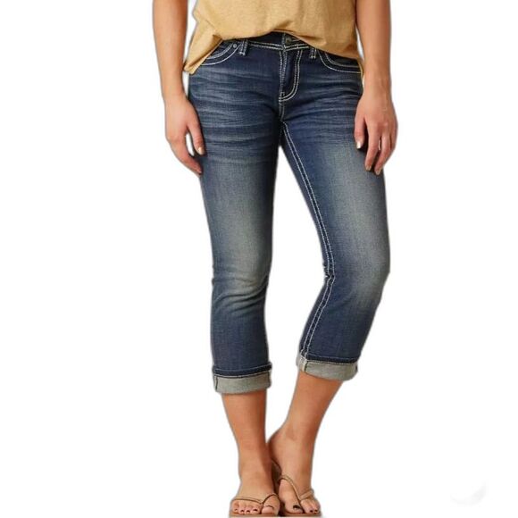 BKE Harper Blue Medium Wash Stretch Mid-Rise Cropped Cuffed Jeans Size 31 (US L) - Picture 1 of 15